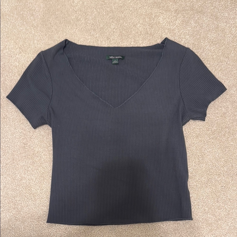 Dark Gray V-Neck Ribbed Top